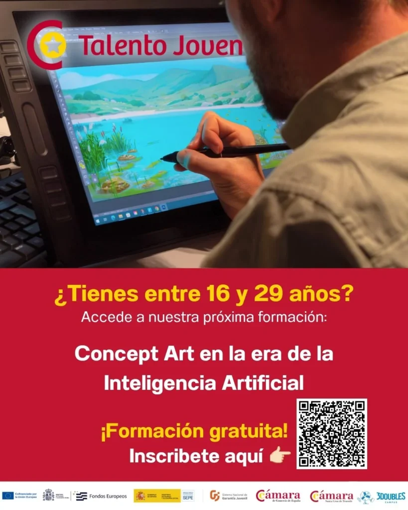 Cartel del curso gratuito Concept Art en la era de la IA para j&oacute;venes de 16 a 29 a&ntilde;os, con un artista ilustrando en una pantalla gr&aacute;fica y un c&oacute;digo QR.